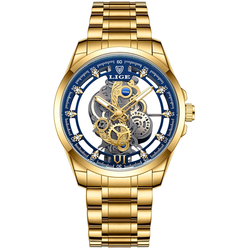 Reloj automático de cuarzo LIGE para hombre, reloj esqueleto dorado, reloj vintage para hombre, relojes de hombre de marca de lujo