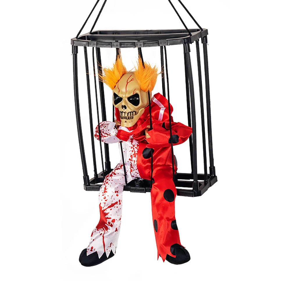 Juguete de fantasma colgante para Halloween, sensor de movimiento, ojos LED, fantasma en jaula de prisionero aterrador, funciona con pilas, activado por voz, gritos espeluznantes, decoración de zombi