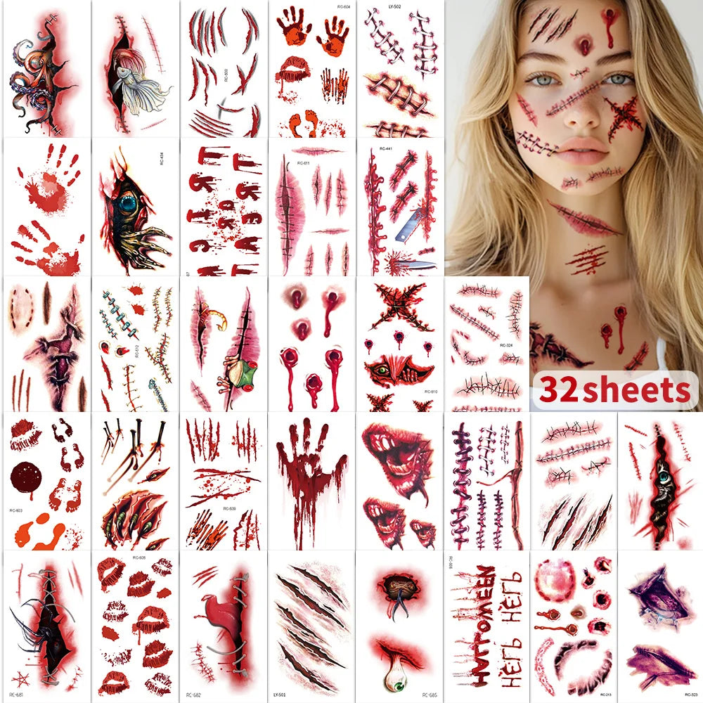 32 Uds. Tatuajes temporales de cicatriz falsa 3D de Halloween-diseños de heridas sangrientas y zombis para cara/cuerpo, fiesta de disfraces, broma y Cosplay