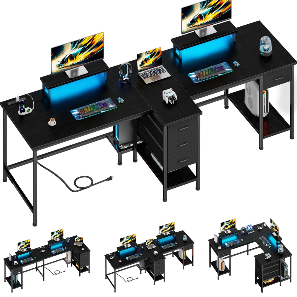 Escritorio doble negro con luces LED azules, superficies amplias y cajón central