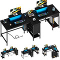 Escritorio doble negro con luces LED azules, superficies amplias y cajón central