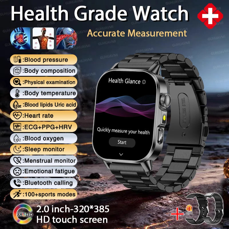 Reloj inteligente de enfermería de alta gama 2026 para hombre, ECG+PPG, presión arterial precisa, lípidos, ácido úrico, pantalla AMOLED de 2.0 pulgadas, reloj de llamadas HD para hombre