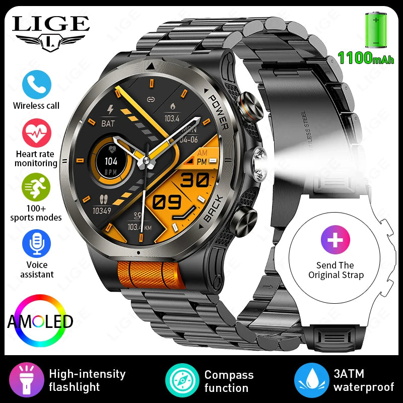LIGE 2026 New 1100mAh Battery Smart Watch Waterproof Sports Tracker Health Monitoring Outdoor Compass Smartwatch With Flashlight