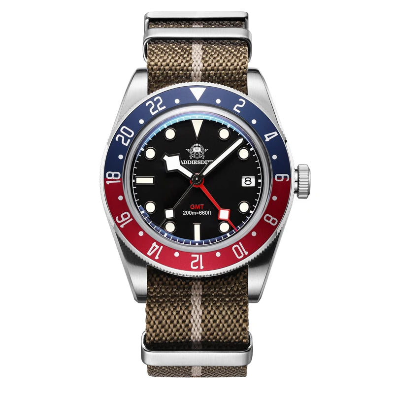 Reloj GMT de lujo para hombre ADDIESDIVE AD2044, cristal de burbuja, cuarzo suizo Ronda, reloj de negocios para hombre, resistente al agua 200 m, luminiscencia BGW9