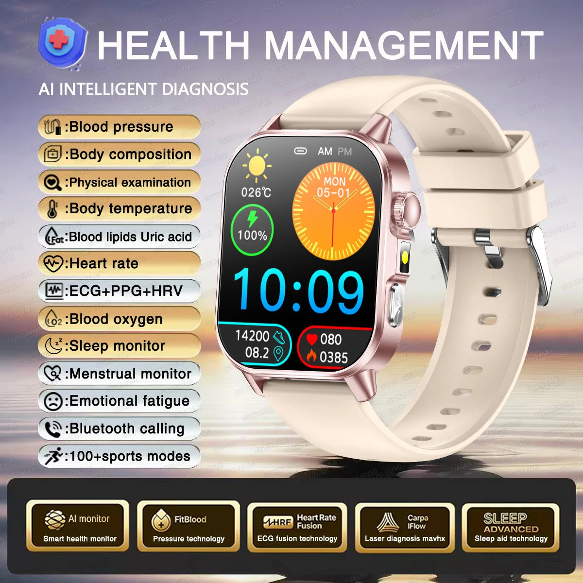 2026 Nuevo y preciso diagnóstico Reloj inteligente ECG oxígeno en sangre PA Ácido úrico Lípidos Salud HD AMOLED Pantalla para llamadas Reloj inteligente Hombres Mujeres