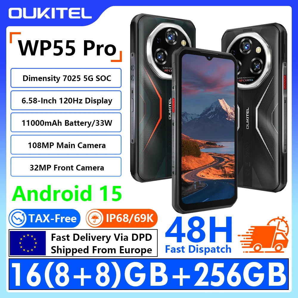 [Enviado desde dentro de Europa] Teléfono Resistente OUKITEL WP55 Pro 5G, Pantalla FHD+ de 6.58 Pulgadas y 120Hz, 48(16+32)GB RAM+512GB ROM, Dimensity 7025 5G, Batería de 11000mAh, Carga Rápida de 33W, Cámara de 108MP+32M