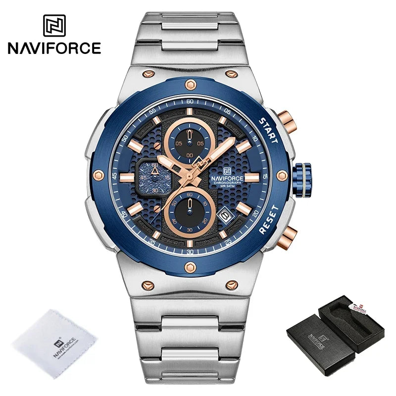 Reloj NAVIFORCE de lujo para hombre, con cronógrafo de cuarzo, luminoso, calendario, resistente al agua, de acero inoxidable, estilo deportivo y militar.