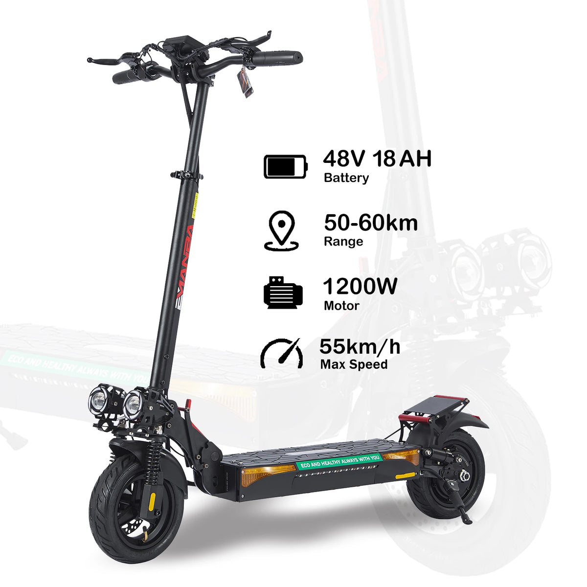 Patinete eléctrico todoterreno negro con cuadro alto, rueda delantera y faro