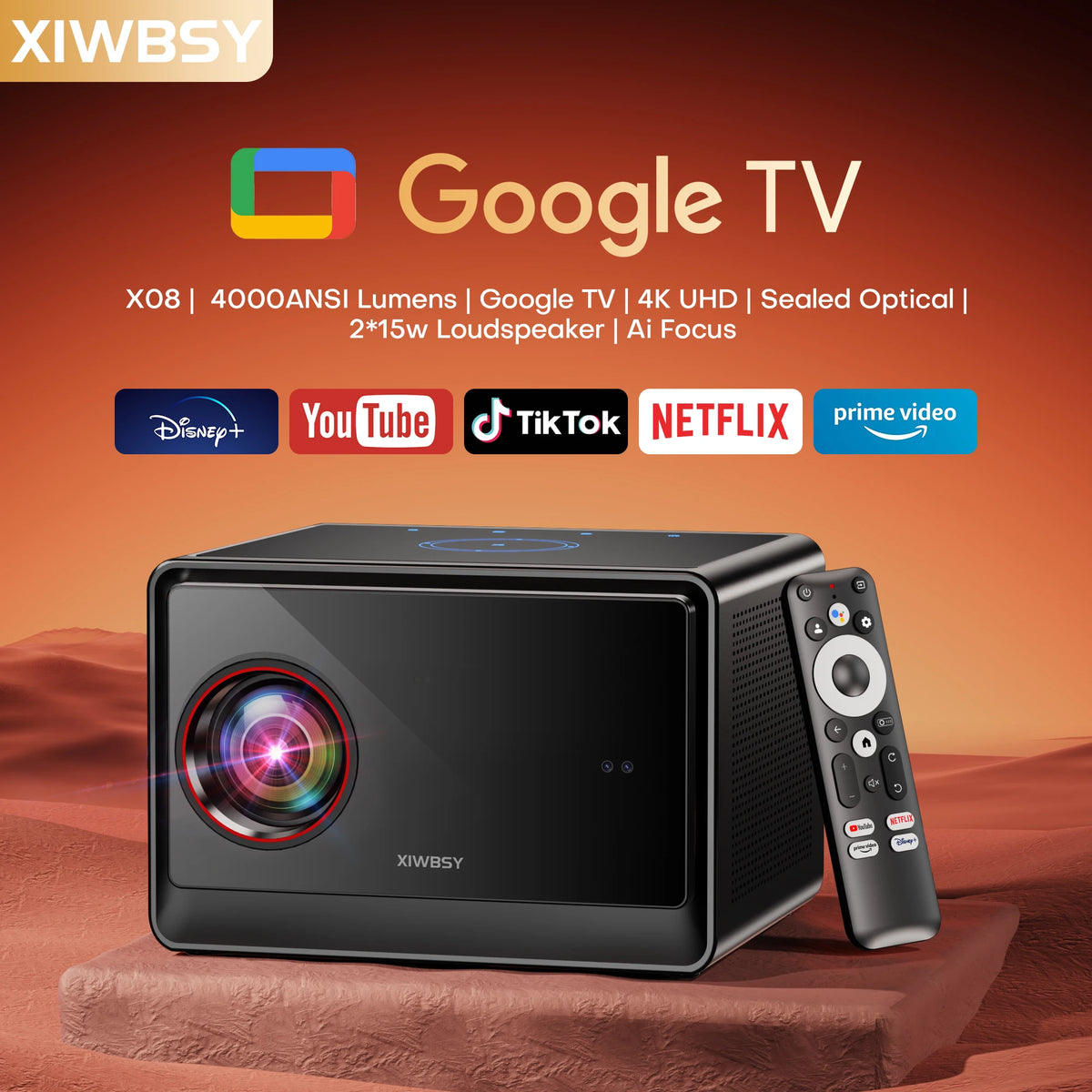 Proyector de cine negro con lente frontal y control remoto, diseño compacto.