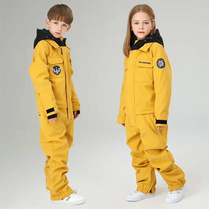 Traje de nieve de una pieza para niño, Mono de esquí con capucha, a prueba de viento, pantalones de Snowboard al aire libre, ropa de disfraz, Invierno