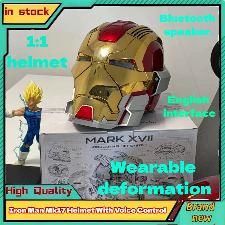 Nuevo Casco Iron Man Mk17 con Control por Voz, Portátil, Transformable, Control en Inglés, Altavoz Bluetooth Jarvis con Efecto de Pulverización