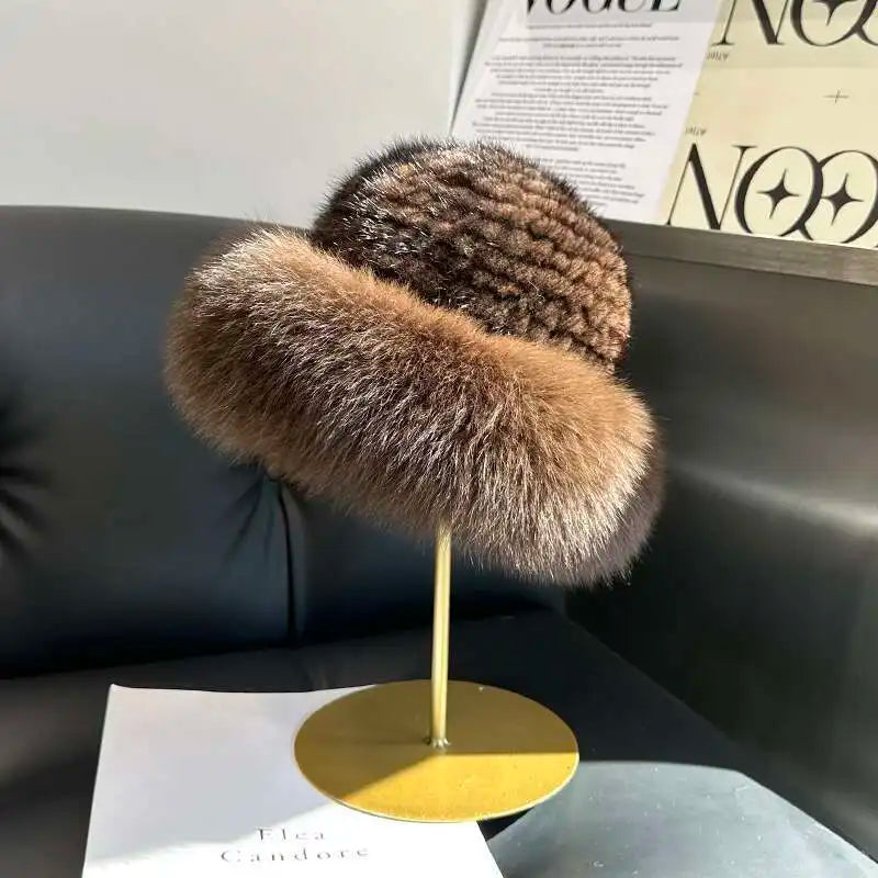 Gorro de piel de visón auténtica para mujer, gorro de pescador a la moda de invierno, gorro de piel de visón Natural con gorros de piel de zorro, gorro de bombardero de punto ruso