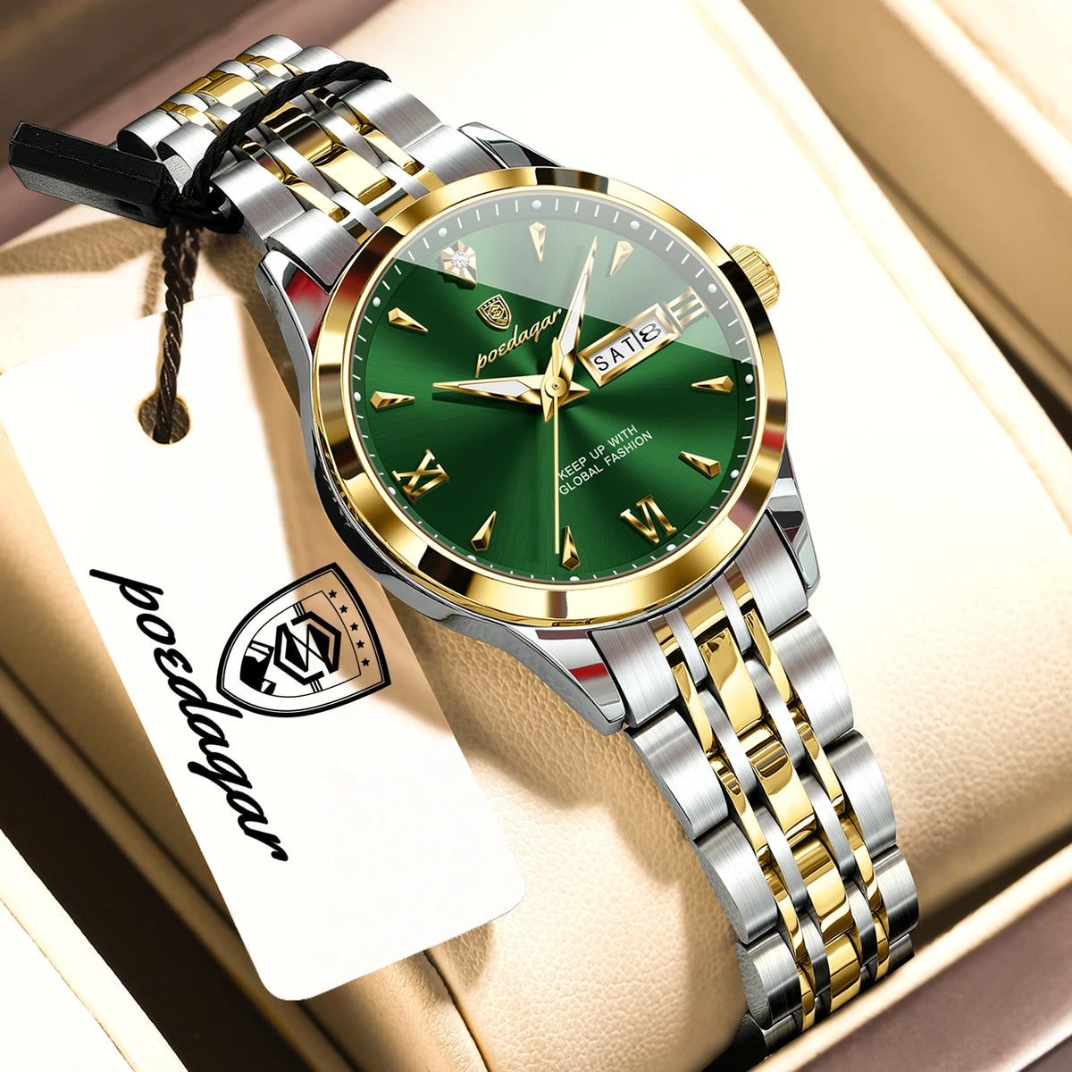 Reloj de pulsera informal POEDAGAR para mujer, resistente al agua, con fecha, semana, luminoso, de acero inoxidable, reloj de moda para mujer