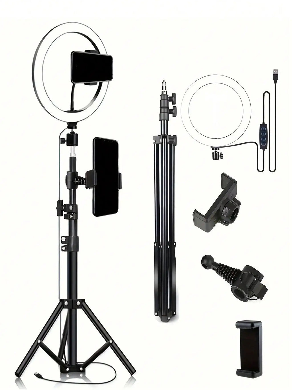 Trípode de 110 cm + clip en forma de O, equipado con anillo de luz de 10 pulgadas para transmisión en vivo y accesorio para selfies en vivo.