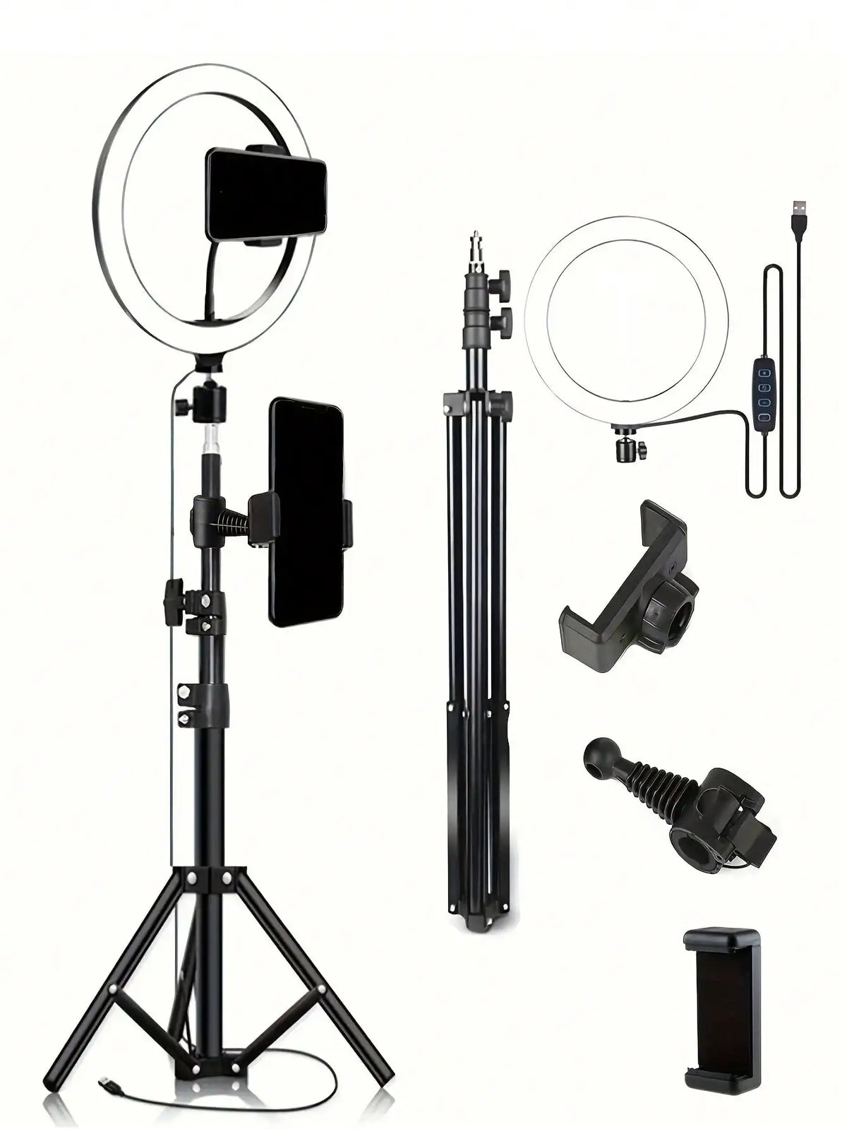 Trípode de 110 cm + clip en forma de O, equipado con anillo de luz de 10 pulgadas para transmisión en vivo y accesorio para selfies en vivo.