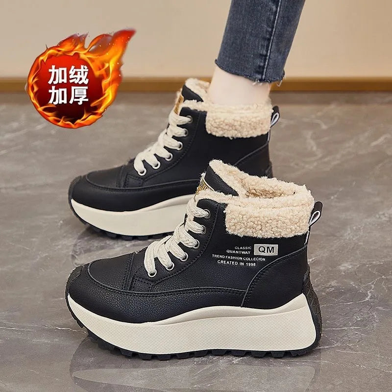 Botas de nieve tobilleras de suela gruesa de cuero para mujer, botas de algodón con cordones, gruesas, cálidas, impermeables, antideslizantes, de invierno