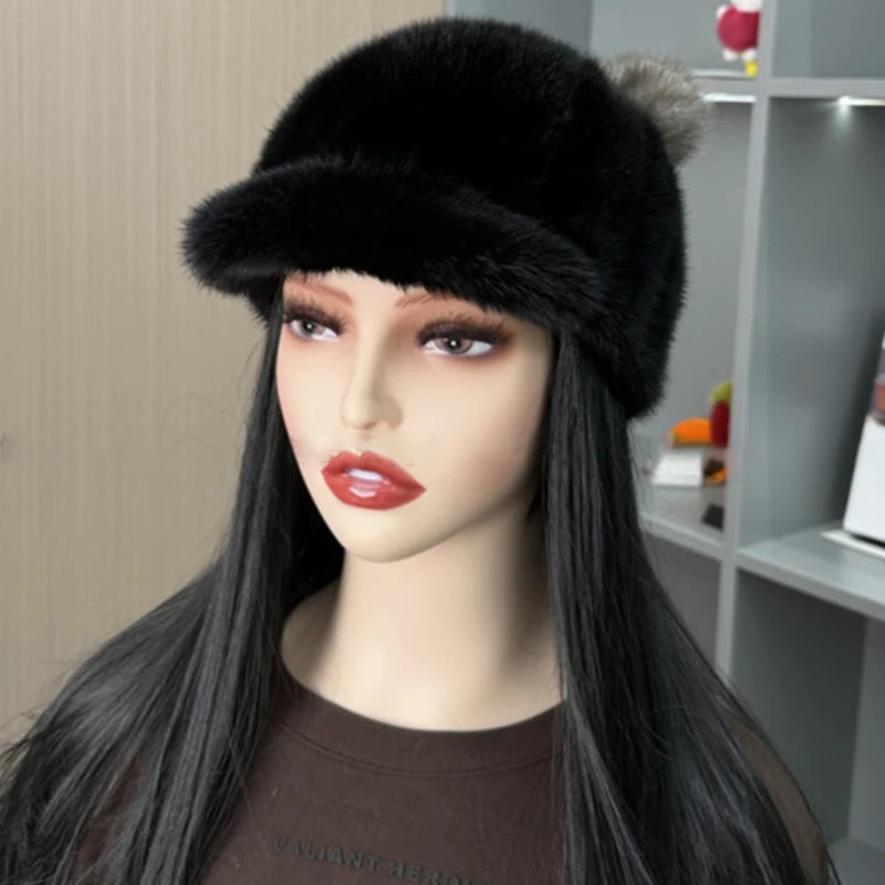 Gorro de piel de visón auténtica para invierno, gorro grueso y cálido con orejas de Panda, sombreros de caballero a la moda para mujer, sombrero de pico de pato de lujo, sombreros de piel de visón Natural