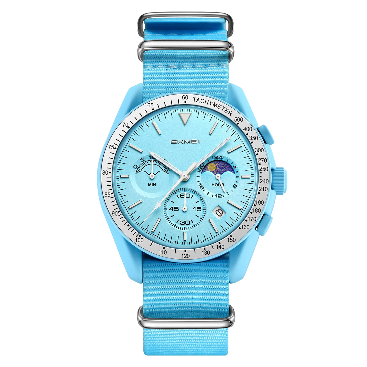 Reloj de cuarzo unisex SKMEI redondo con correa de nailon, fase lunar, cronógrafo, taquímetro, fecha, reloj de pulsera ligero para hombre y mujer 9392