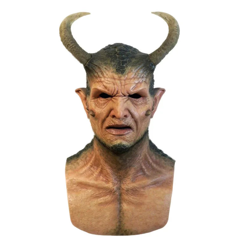 Máscara de látex de demonio de terror, disfraz de Halloween, accesorio de actuación, casco de bestia con cuernos para fiesta de carnaval, accesorio para adultos 2025