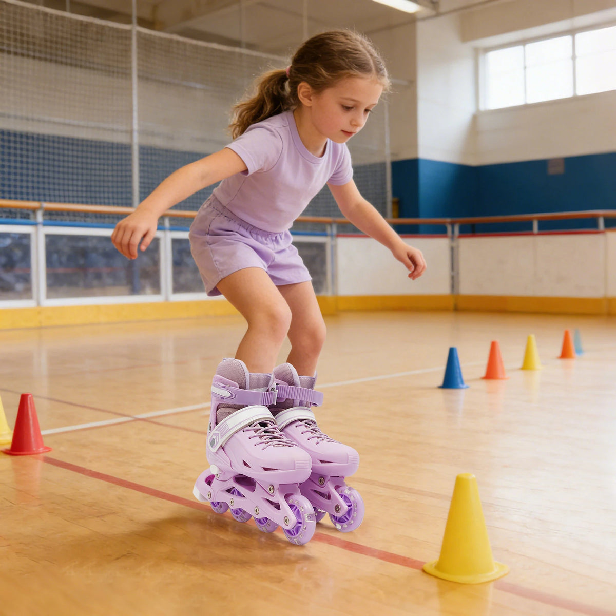 ‎ Patines en línea ajustables de color púrpura para niños, patines en línea con ruedas iluminadas, patines con ruedas ajustables y componentes con forma de ala, y llaves de ajuste.