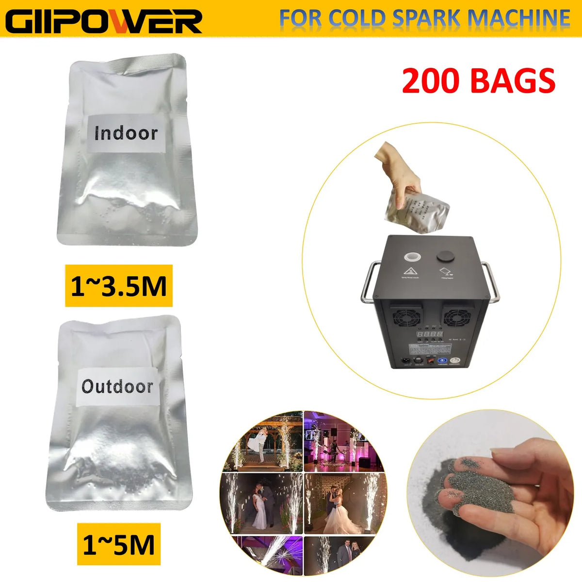 1- 200 bolsas Ti polvo 200g máquina de chispa fría Dmx máquina de fuegos artificiales brillantes fríos máquina de chispas frías tarjeta boda