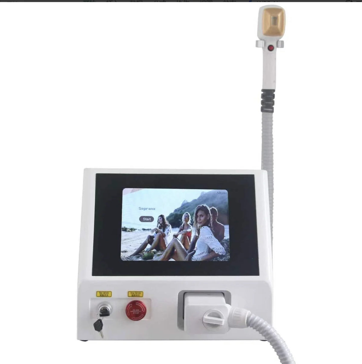 Dispositivo portátil de depilación láser con diodo de triple longitud de onda (755/808/1064 nm) y tecnología de enfriamiento por hielo. Depilación indolora. Certificación CE.