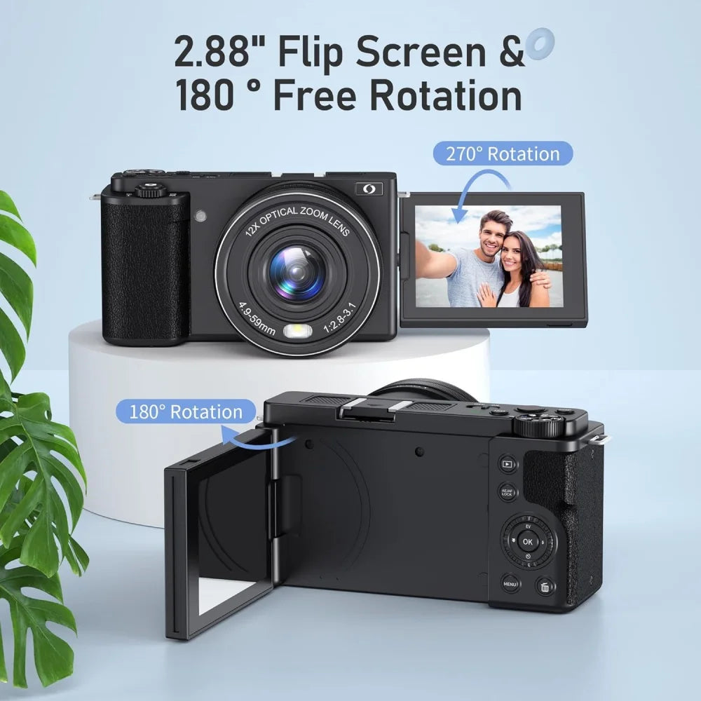 Cámara Digital Selfie 4K de 64MP con Zoom Óptico 12X, Pantalla Abatible, Videocámara Vlog, Grabadora de Video, Cámara Fotográfica, Cámara Web para Transmisión en Vivo