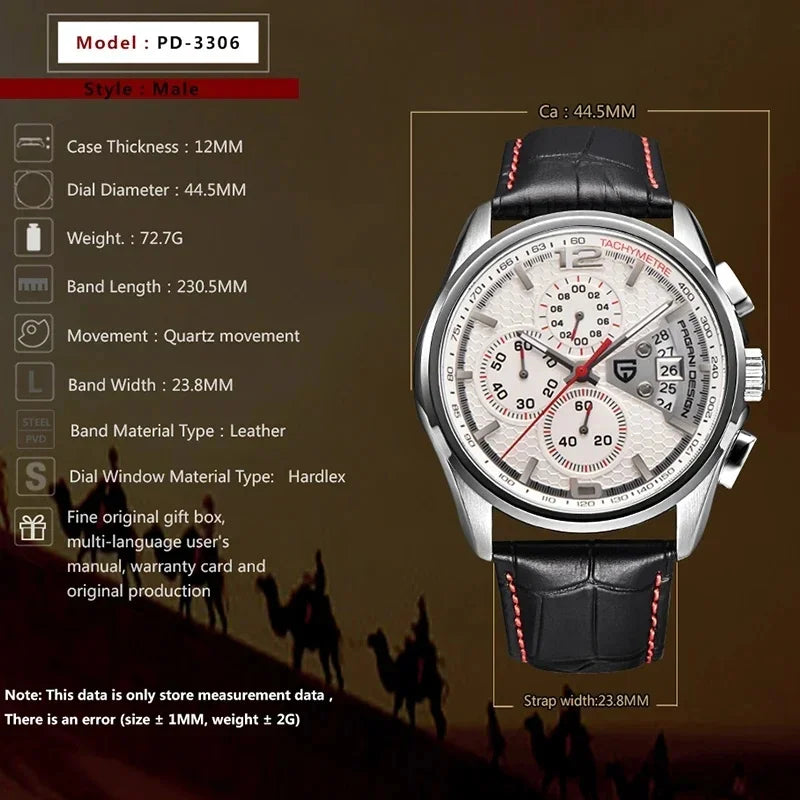 Reloj Cronógrafo Deportivo Multifuncional Impermeable para Hombre PAGANI DESIGN PD-3306, Reloj de Cuarzo Militar con Correa de Piel