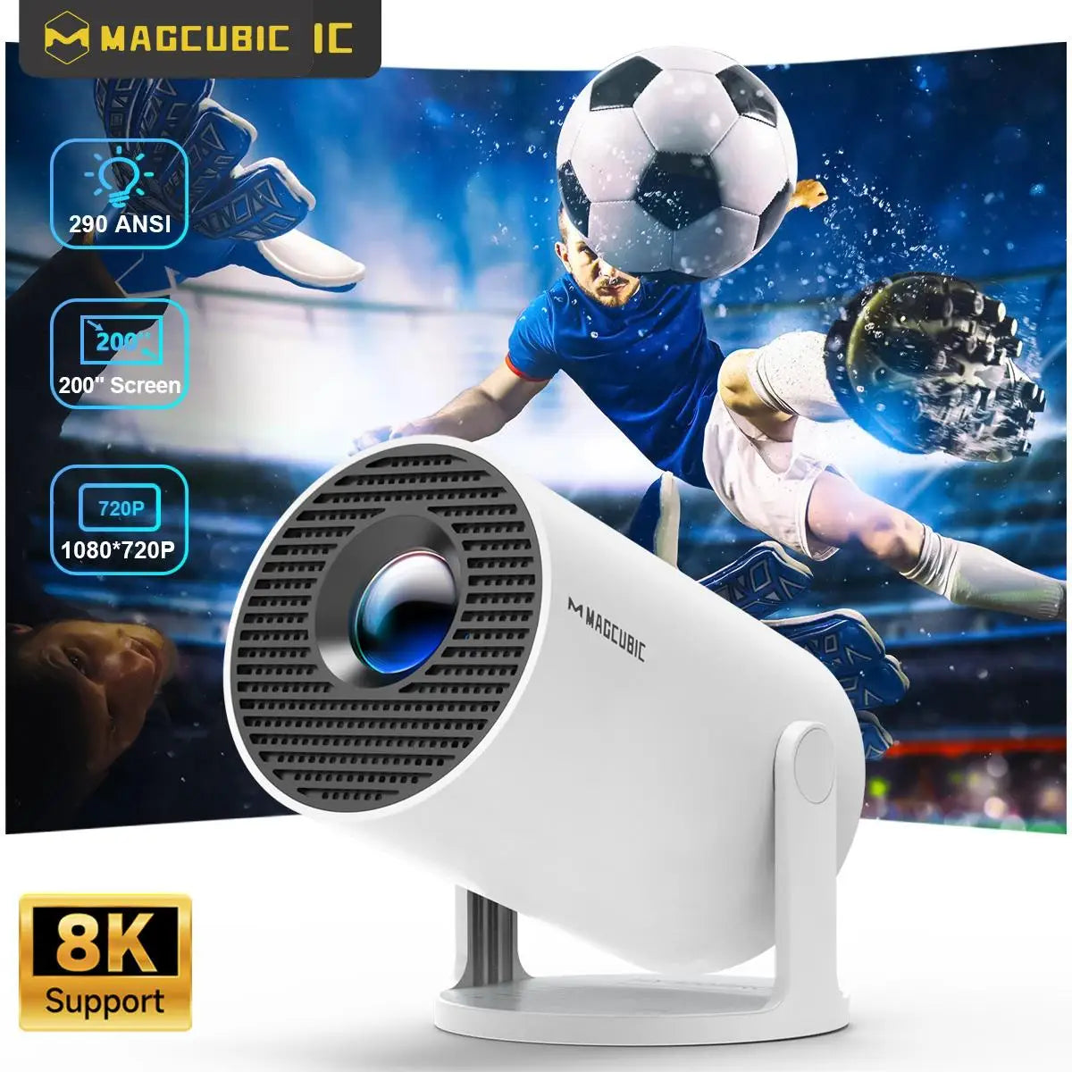 Proyector portátil blanco con lente frontal circular y base de apoyo