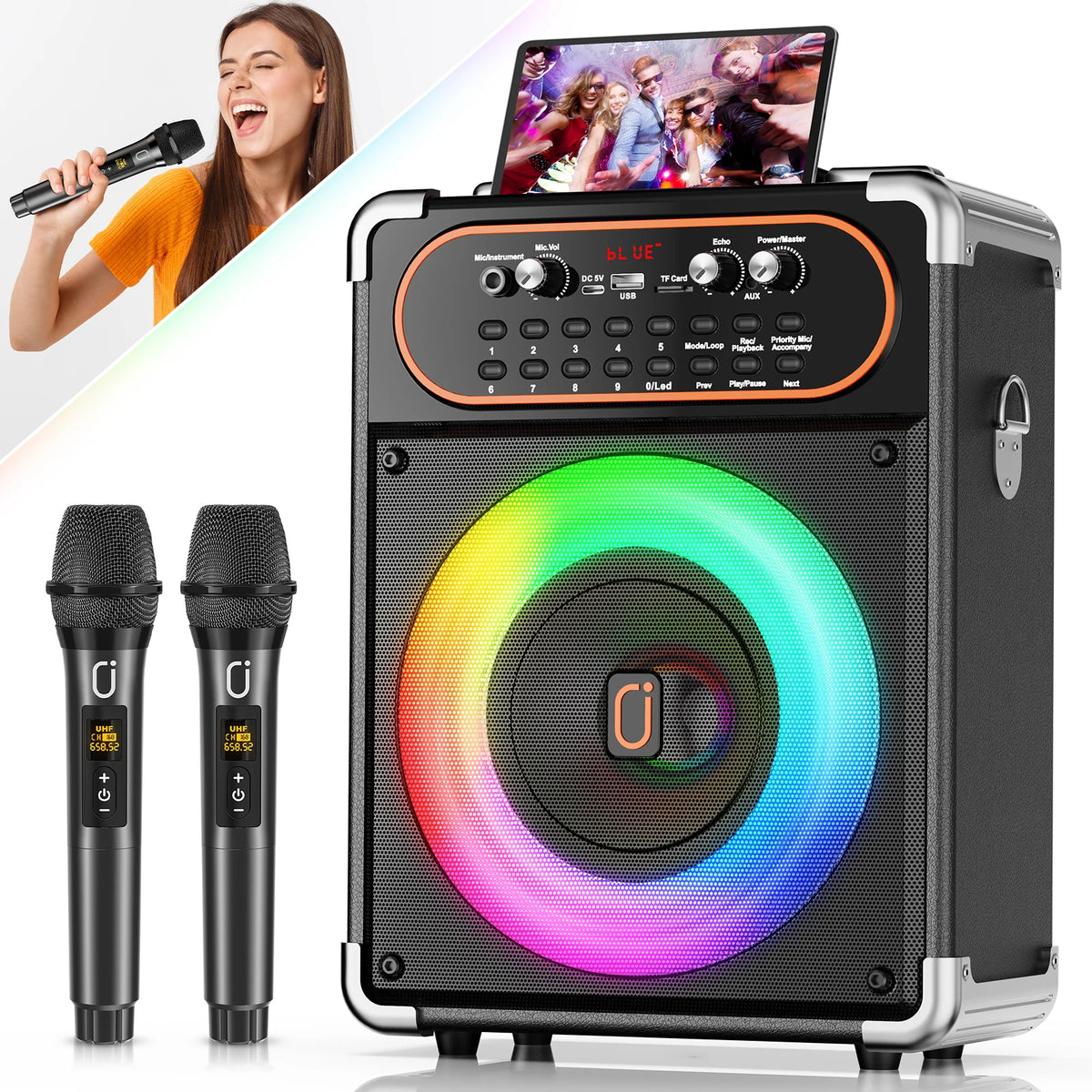 Karaoke S68 con 2 micrófonos, altavoz de karaoke portátil con Bluetooth 5.3, ajuste de eco, compatible con TV mediante conexión auxiliar