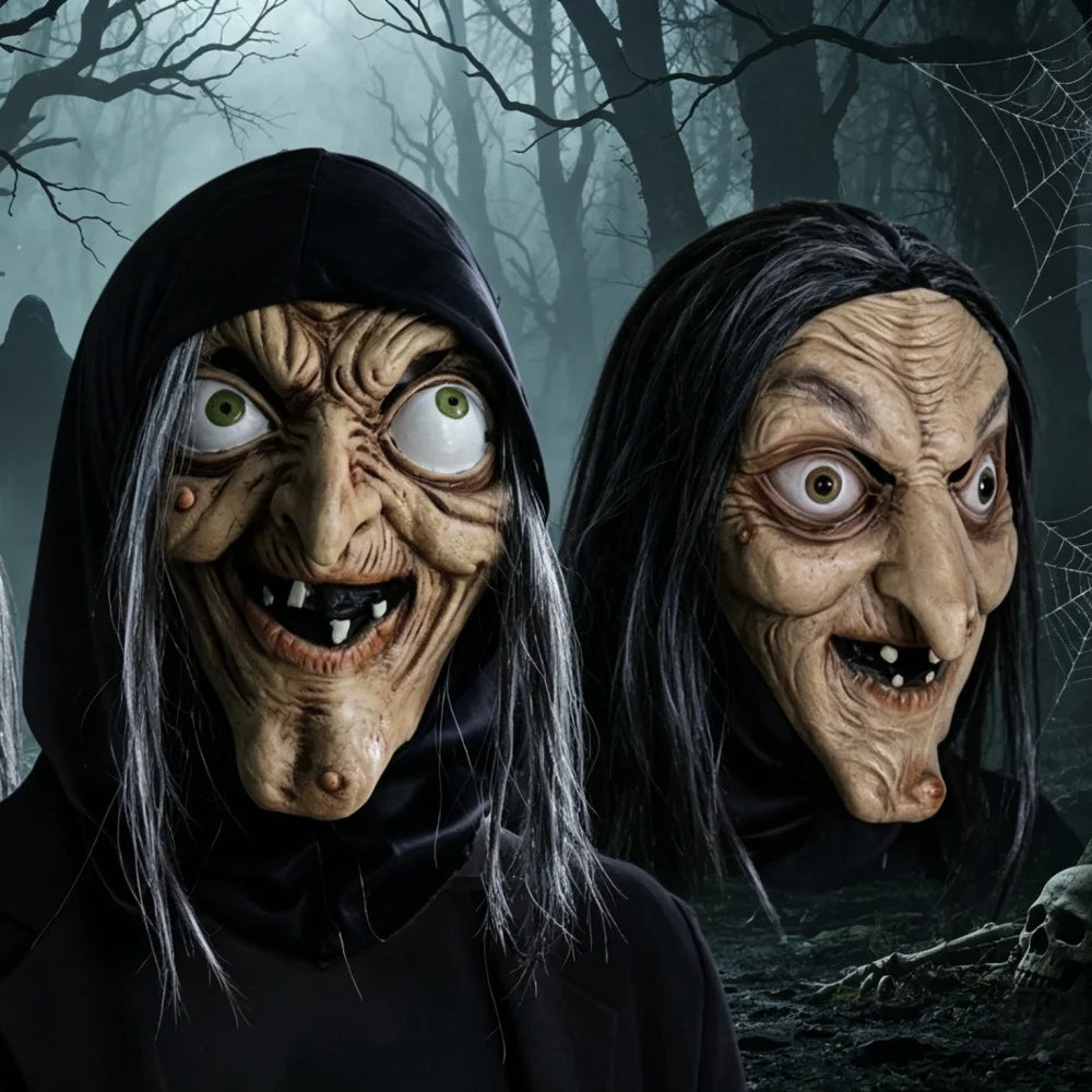 Máscara Realista de Bruja Malvada con Capucha y Cabello, Máscara de Látex para Fiesta de Halloween, Cosplay, Broma, Accesorios