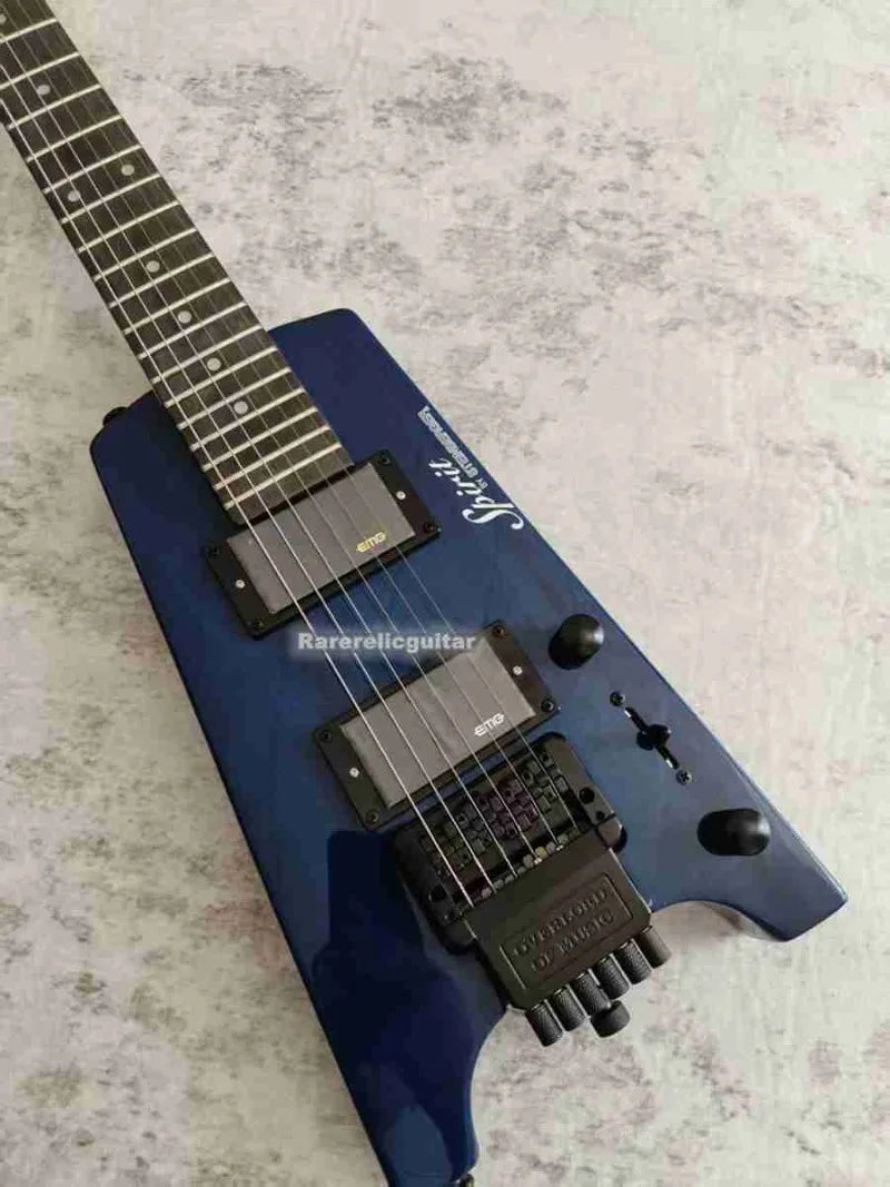 NUEVA Guitarra Eléctrica Sin Cabeza Spiri Trans Blue, Puente Tremolo, Herrajes Negros, Mástil de Arce, Diapasón de Palisandro