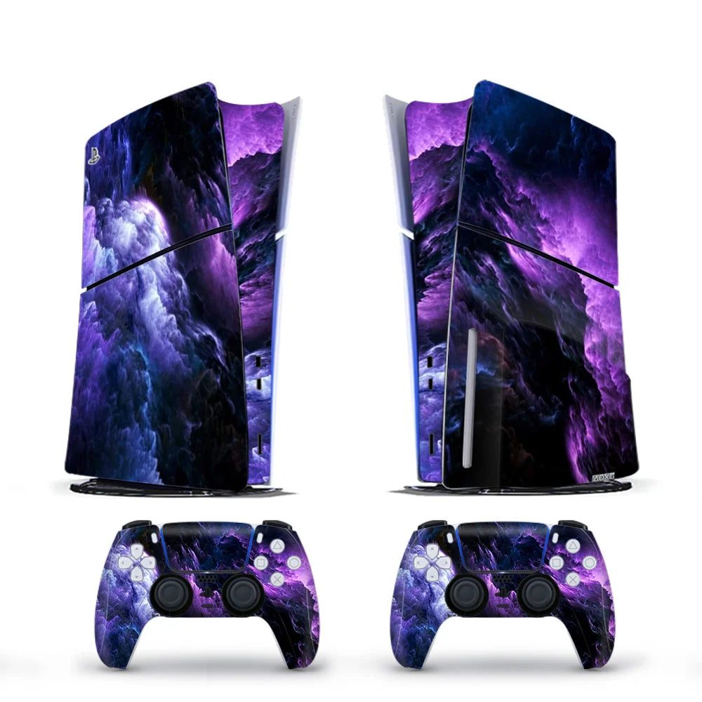 Vinyl Cover Skins for PS5 Slim Console 2PCS Galaxy Stickers Controller Wraps Set for PlayStation 5 Disc Edition Accessories