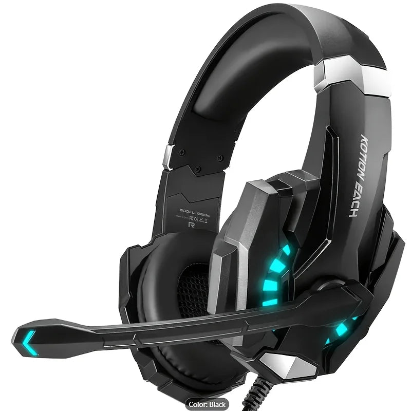 Auriculares gaming con cable, negros, con luces LED azul/verde y diadema sobre la oreja