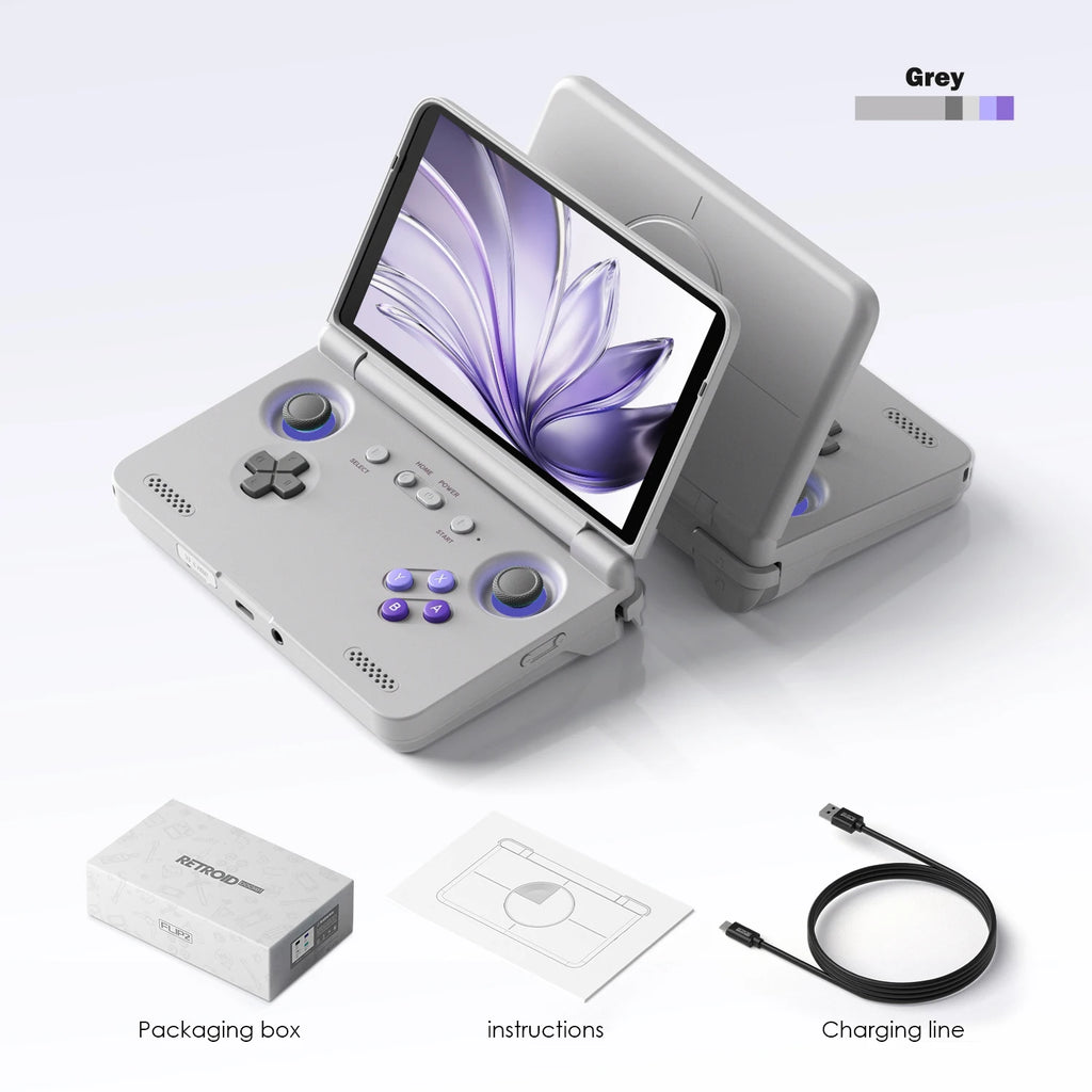 Consola de juegos retro portátil Android Retroid Pocket Flip 2 con pantalla AMOLED de 5.5", diseño plegable, bisagra ajustable de 178°, refrigeración activa y joysticks de efecto Hall