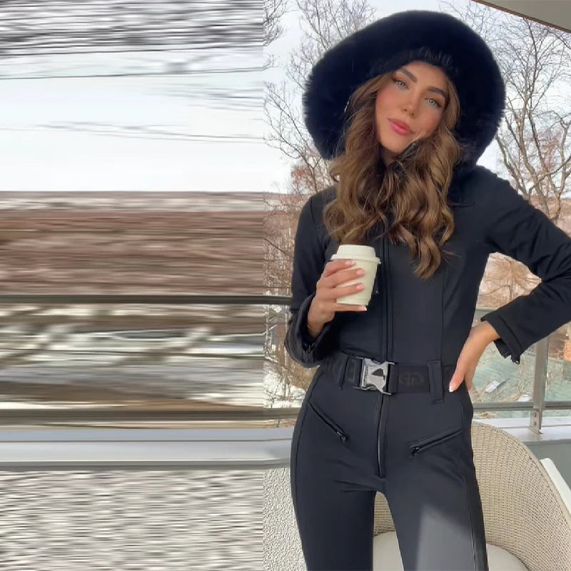 Traje de esquí informal con capucha y cintura ceñida, mono grueso y cálido a prueba de viento de manga larga para mujer, mono de nieve de Boutique a la moda