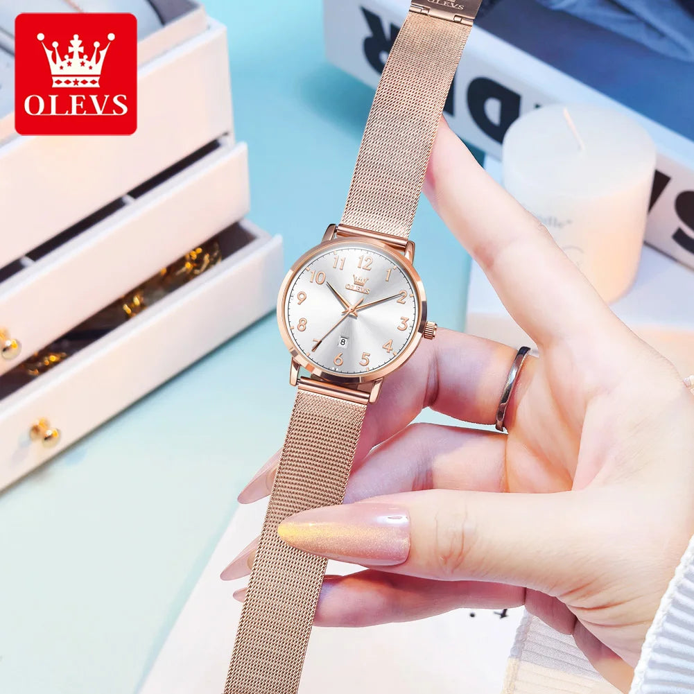 Reloj para mujer OLEVS 5653 con correa de malla, cronógrafo de cuarzo original, fecha, resistente al agua y luminoso.