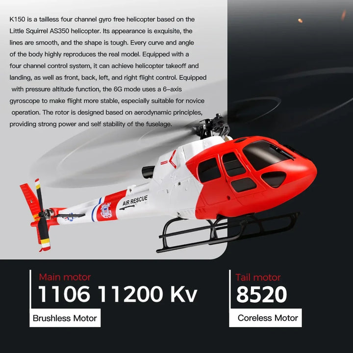 WLtoys K150 Little Squirrel AS350 Helicóptero RC sin escobillas de 4 canales con retención de altitud por presión y flujo óptico, avión RC de altura fija, juguete