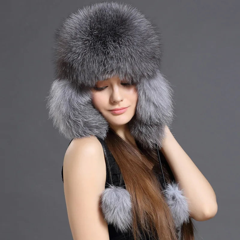 Gorro de piel de zorro auténtica para mujer, moda de invierno, gorros cálidos de Lei Feng, gorros de esquí al aire libre rusos, gorro de piel Natural, gorro de piel gruesa peluda
