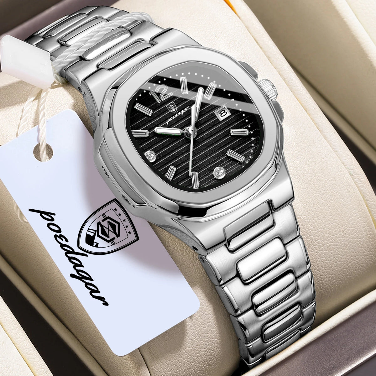 POEDAGAR Reloj de mujer de moda, luminoso, impermeable, de acero inoxidable, reloj de cuarzo con fecha, elegante reloj de pulsera para dama