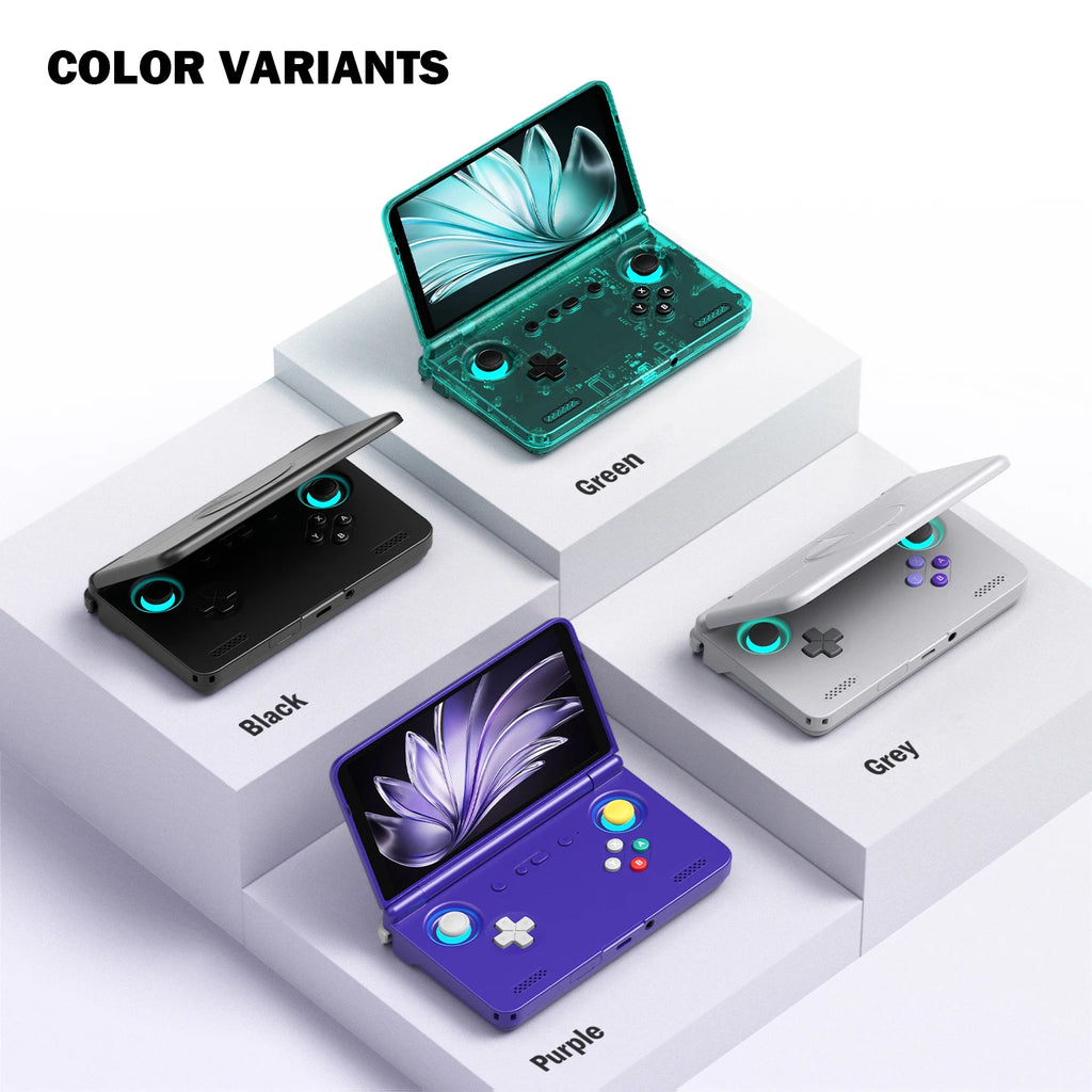 Consola de juegos retro portátil Android Retroid Pocket Flip 2 con pantalla AMOLED de 5.5", diseño plegable, bisagra ajustable de 178°, refrigeración activa y joysticks de efecto Hall
