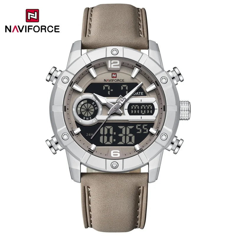 Reloj para hombre NAVIFORCE NF9263 con correa de cuero genuino, cronógrafo, alarma, pantalla luminosa resistente al agua, reloj para hombre con correa de cuero genuino