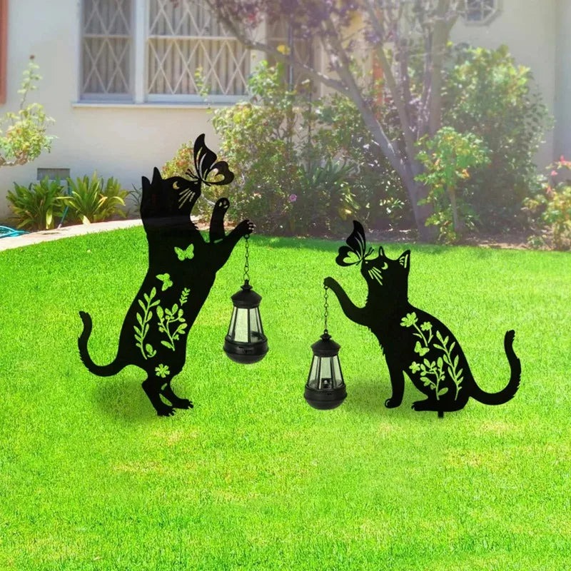 2 piezas de luz solar para patio exterior con diseño de gato, luz LED decorativa de hierro para insertar en el suelo, estaca con silueta de gato de metal negro