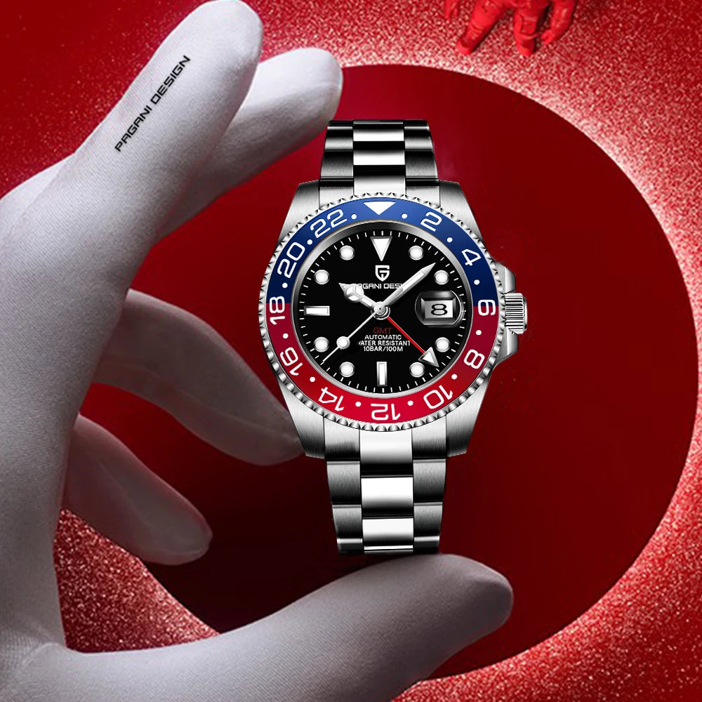 Nuevo reloj mecánico de lujo para hombre PAGANI DESIGN 2025, reloj GMT de acero inoxidable, cristal de zafiro de marca superior para hombre PD-1662