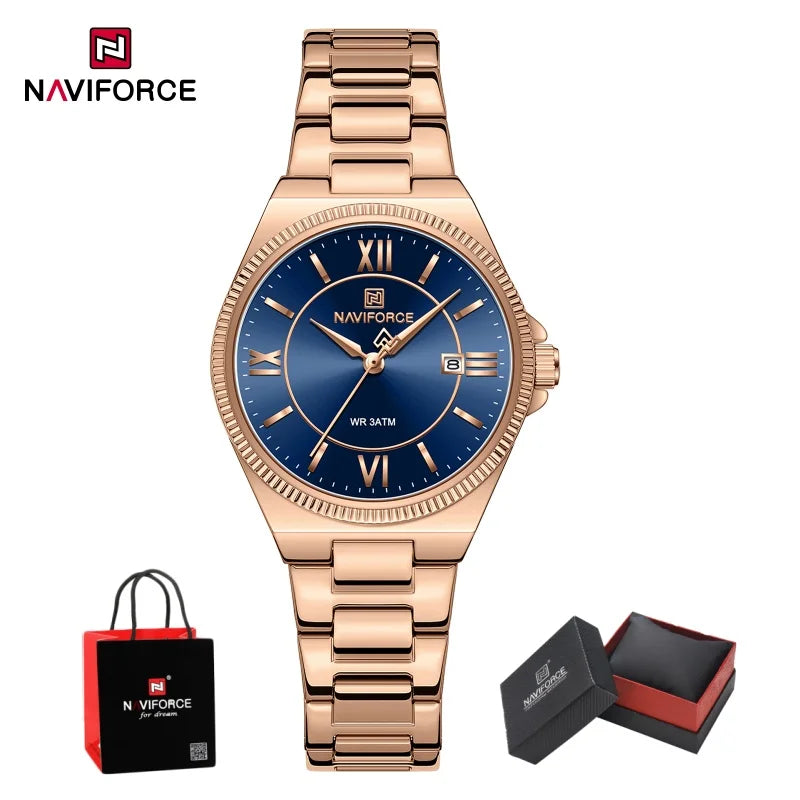 Reloj NAVIFORCE casual para mujer de acero inoxidable, resistente al agua 3ATM, con indicador de fecha, reloj de pulsera clásico para uso diario, caja de regalo incluida