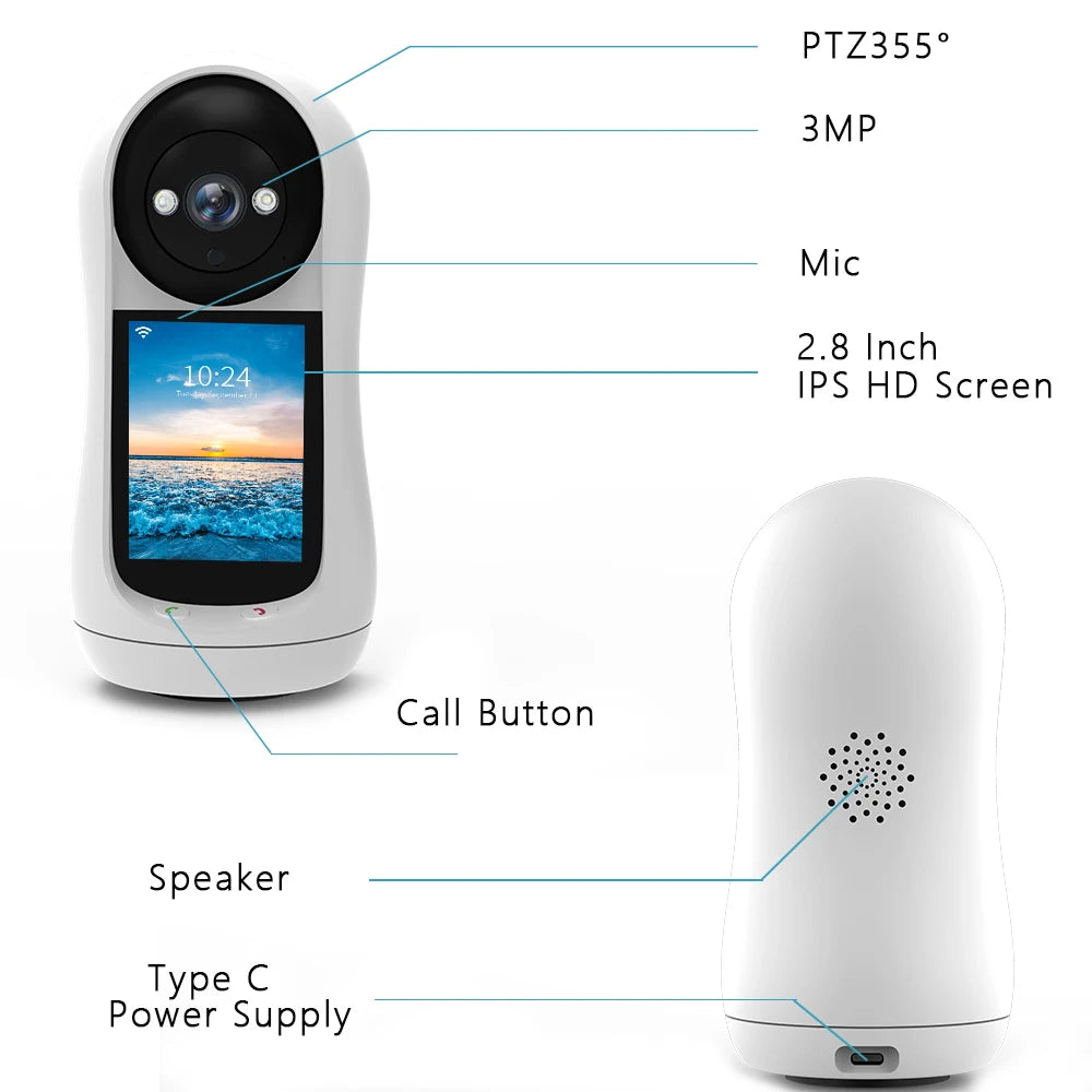 Cámara con Wifi 2K, 3MP, pantalla IPS de 2,8 pulgadas, seguimiento humano, Audio bidireccional, PTZ, videollamada, intercomunicador, Monitor inteligente para bebé, Icsee
