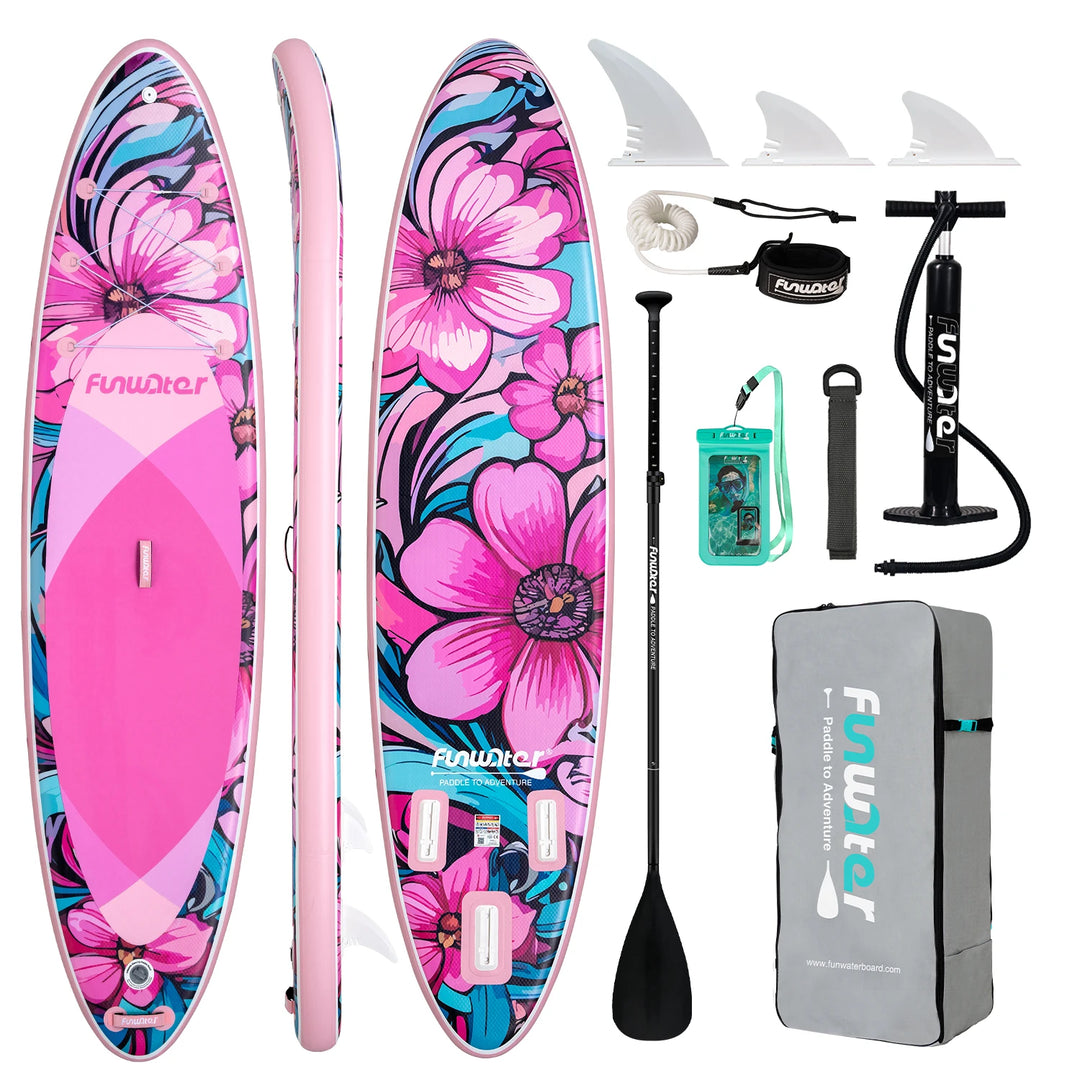 Funwater SUPFW36B Tabla Paddle Surf Hinchable Tabla SUP 335x84x15cm 165kg+ Rosa Flores Turquesa EVA Antideslizante Soporte Cámara Tres Quillas Lagos Costa Yoga Pesca Travesía Vacaciones Kit Accesorios