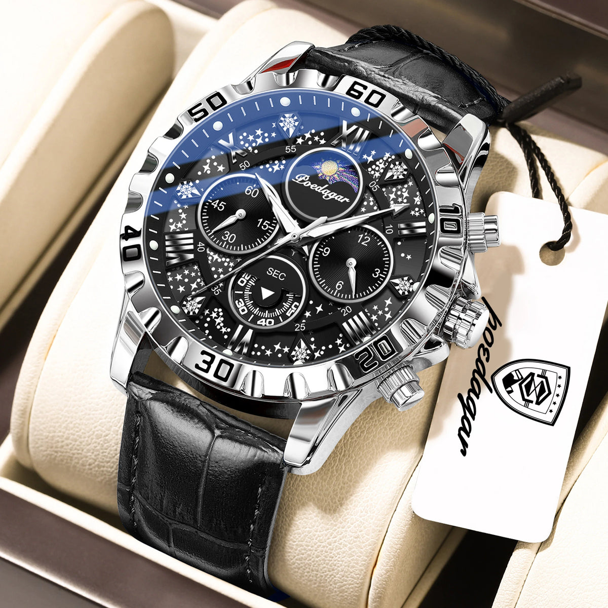 POEDAGAR Top Fashion Man Watch Waterproof Luminous Leather Business Men Wristwatch Chronograph Quartz Sports Men's Watches Reloj