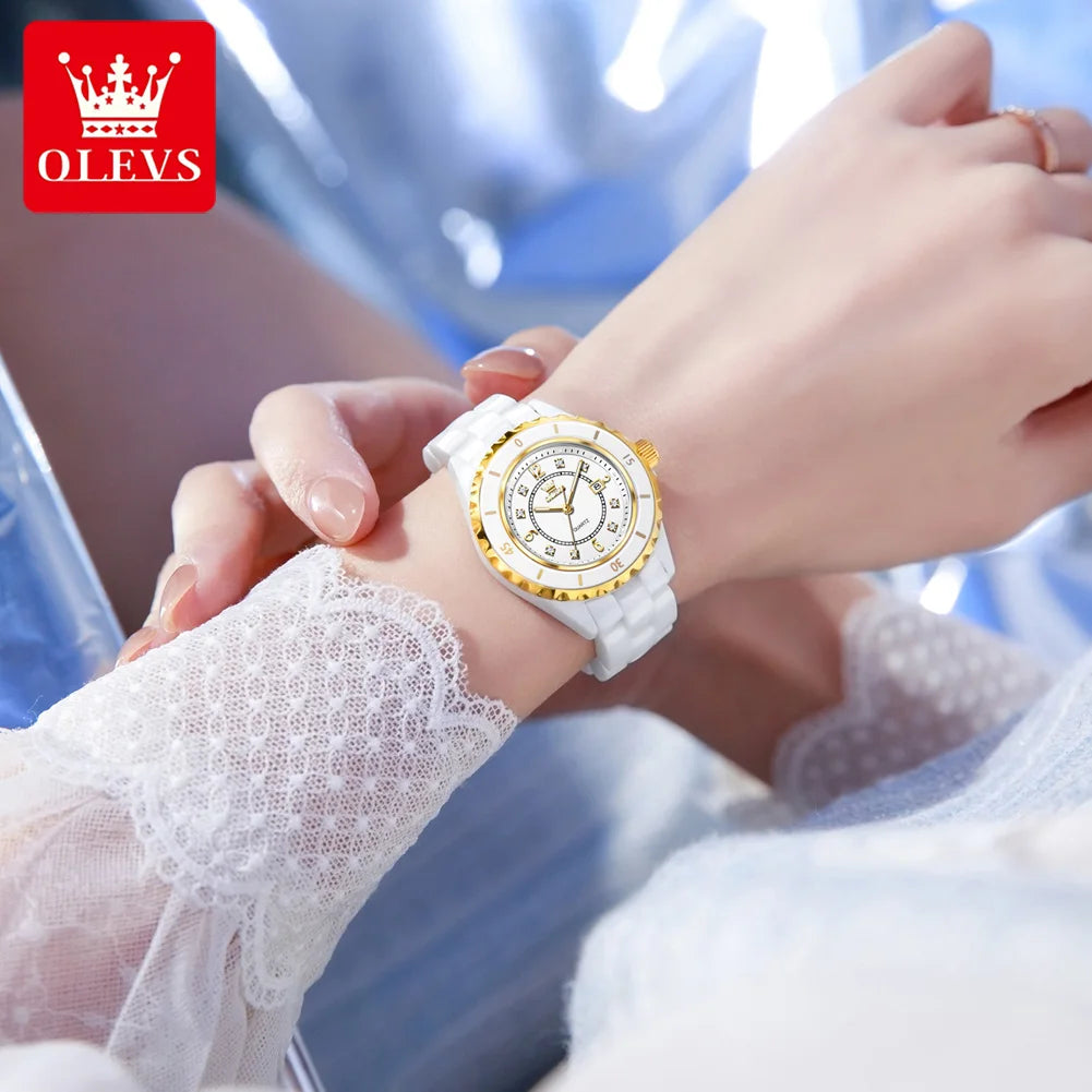 Relojes OLEVS 5658 de tendencia casual para mujer, correa de cerámica blanca pura, reloj de pulsera de cuarzo original de marca líder, resistente al agua, luminoso