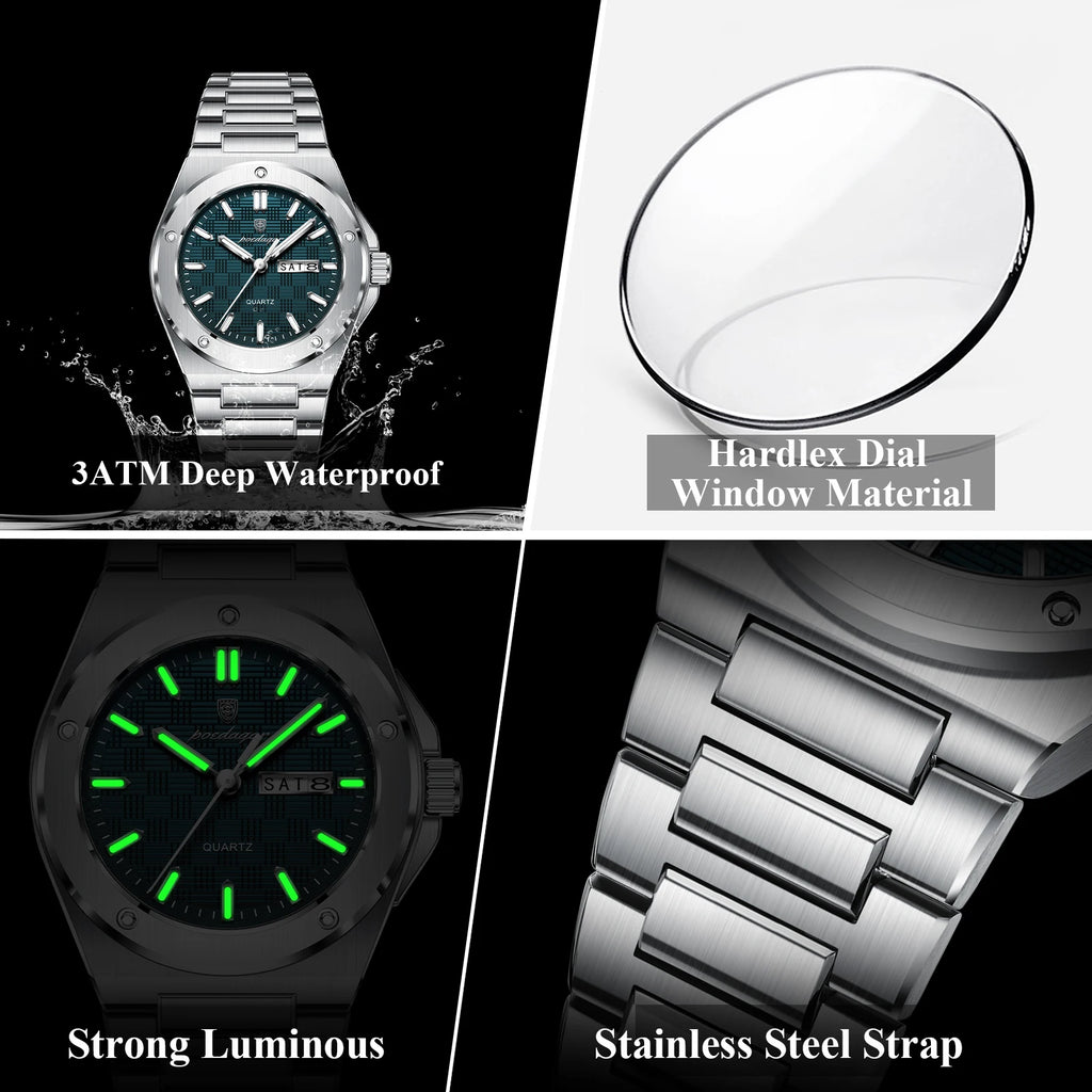 Reloj de pulsera de cuarzo para hombre POEDAGAR, resistente al agua, luminoso, con fecha y día, reloj casual de acero inoxidable para hombre